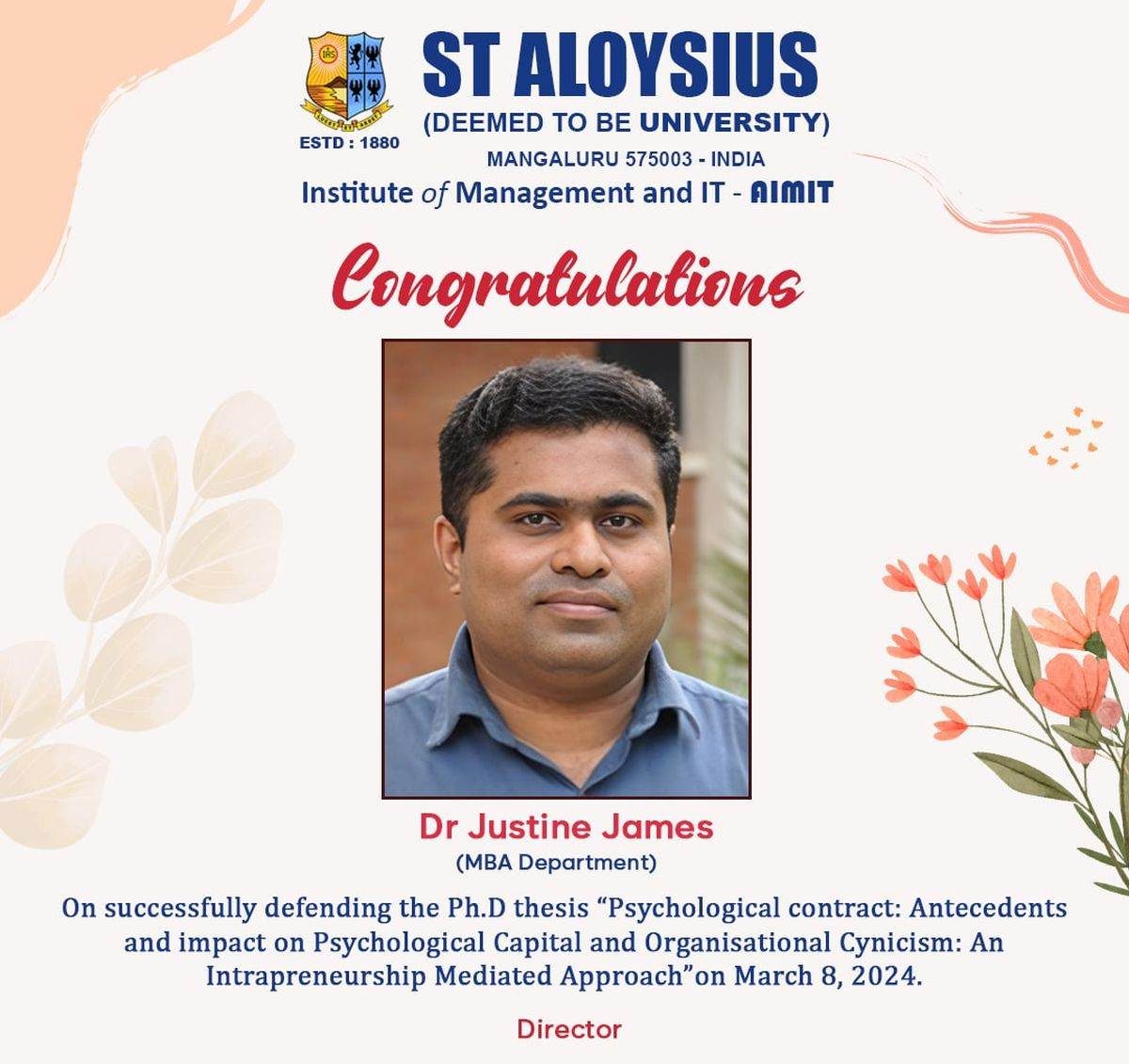 Aimit wishes Heartly Congratulations to Dr. Justin James
