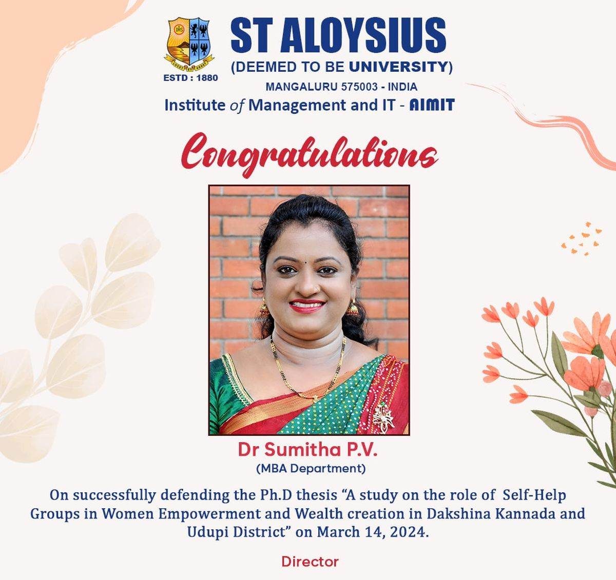 Aimit wishes Heartly Congratulations to Dr. Sumitha P. V